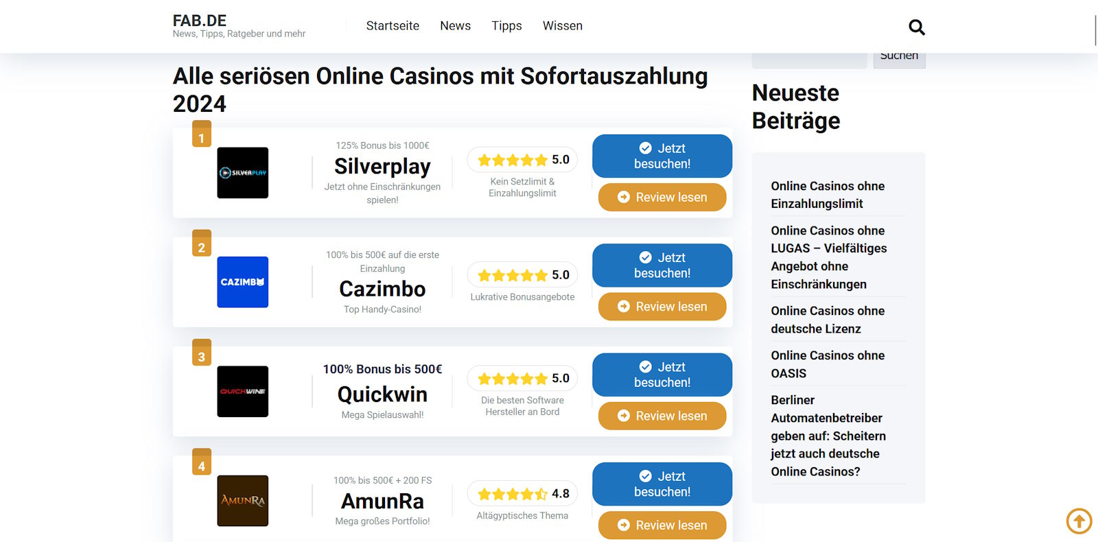 online casinos mit Sofortauszahlung Topliste